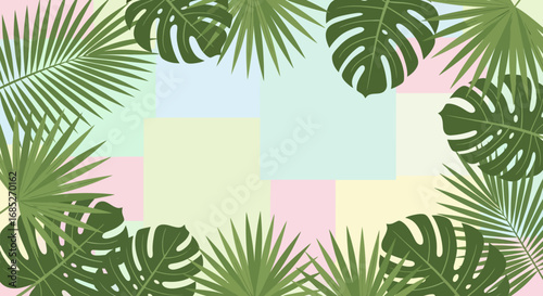 Tropical palm leaves frame a pastel grid background, evoking a summer vacation vibe