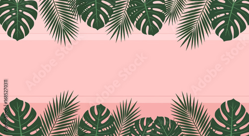 Tropical Bliss Pink Backdrop with Lush Palm and Monstera Leaves