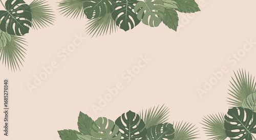 Tropical foliage border with soft peach background, perfect for summer greetings and design