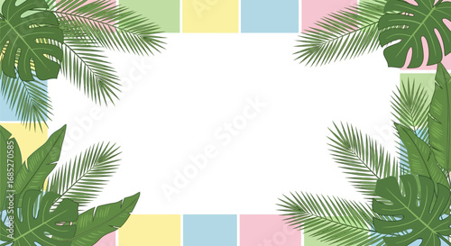 Vibrant tropical leaves and pastel squares create a playful and inviting border for your designs