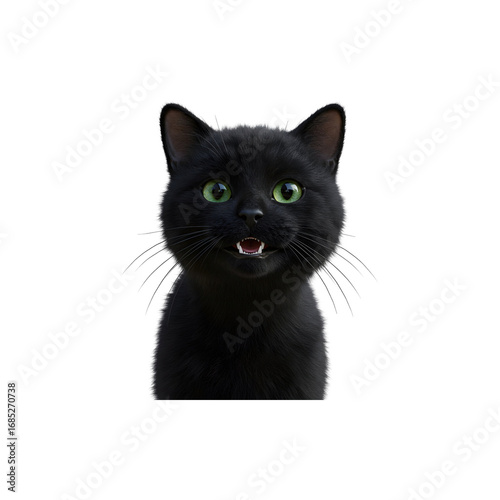 Black Cat Sitting with Bright Eyes Isolated on White Background Spooky Halloween Pet Portrait