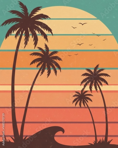 Vintage summer beach scene with palm tree silhouettes against a colorful striped sunset sky and a stylized ocean wave