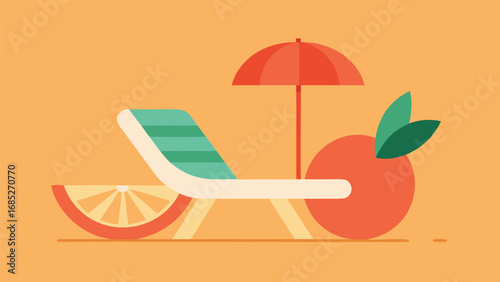 Summer relaxation scene with lounge chair orange slice and fruit beach chair umbrella