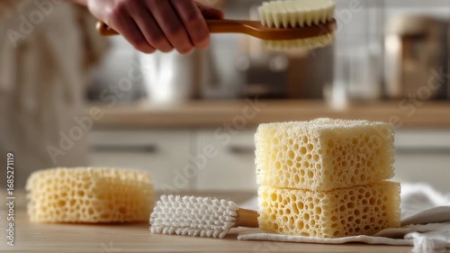 Eco-Friendly Kitchen Cleaning with Natural Sponges and Wooden Brush, Sustainable Lifestyle