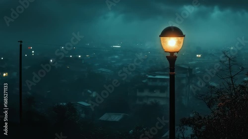 Eerie urban landscape at night with lit street lamp and foggy background with buildings and light