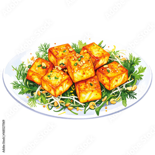 Watercolor Illustration of Cha Ca La Vong – Traditional Vietnamese Turmeric Fish with Dill