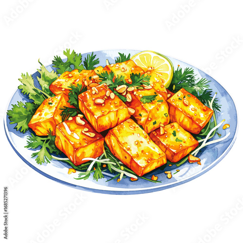Watercolor Illustration of Cha Ca La Vong – Traditional Vietnamese Turmeric Fish with Dill