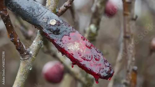 Creepy bloody object on a tree branch with red liquid dripping down, creating a dark atmosphere