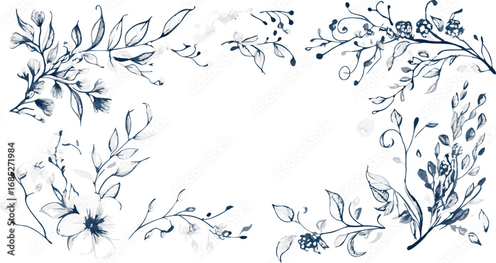 Fototapeta premium Delicate watercolor floral border with blue and white botanical elements and empty center
