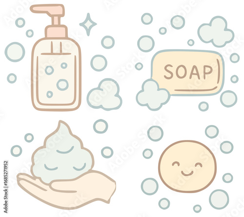 Illustrations with hygienic bottles for shower and skin