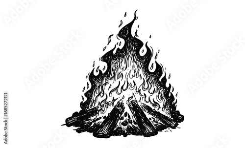 Intricate black and white fire drawing with detailed flames and logs. Vector retro hand drawn illustration