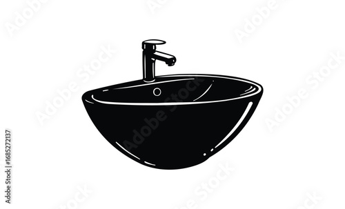 Black and white minimalist bathroom sink illustration. Vector retro hand drawn illustration