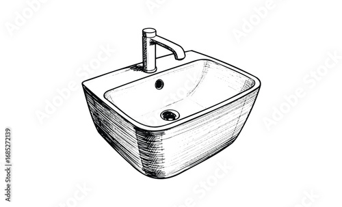 Detailed sketch of a modern rectangular bathroom sink with faucet. Vector retro hand drawn illustration