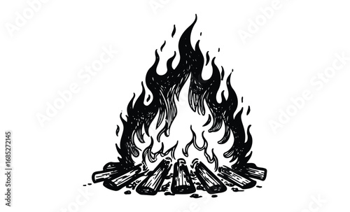 Black and white fire illustration with stylized flames and logs. Vector retro hand drawn illustration