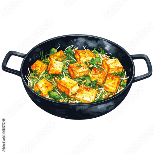 Watercolor Illustration of Cha Ca La Vong – Traditional Vietnamese Turmeric Fish with Dill