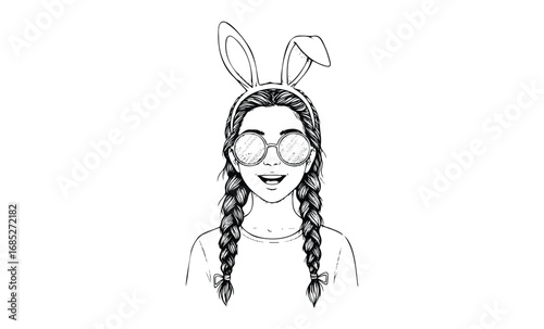 Young caucasian female with braids and bunny ears wearing sunglasses. Vector retro hand drawn illustration