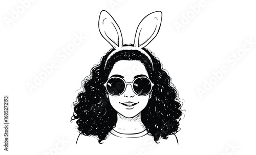 Smiling young female with curly hair and bunny ears wearing sunglasses. Vector retro hand drawn illustration