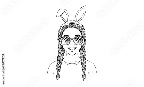 Smiling young female with bunny ears and sunglasses sketch. Vector retro hand drawn illustration