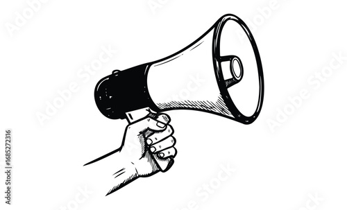 Hand holding megaphone black and white sketch. Vector retro hand drawn illustration