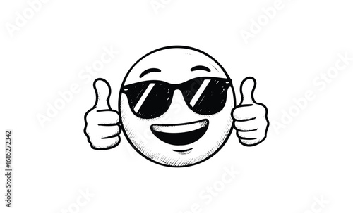 Smiling emoji with sunglasses giving thumbs up. Vector retro hand drawn illustration