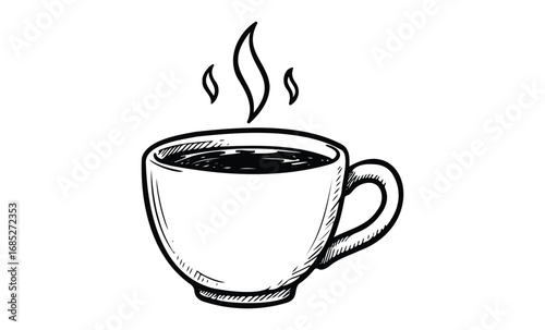 Hand-drawn black and white coffee cup with steam. Vector retro hand drawn illustration