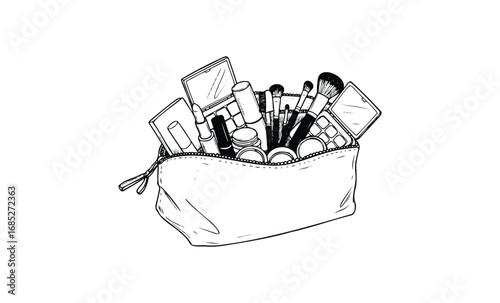 Makeup bag with cosmetics and brushes illustration. Vector retro hand drawn illustration