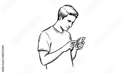 Young caucasian male engaging with smartphone illustration. Vector retro hand drawn illustration