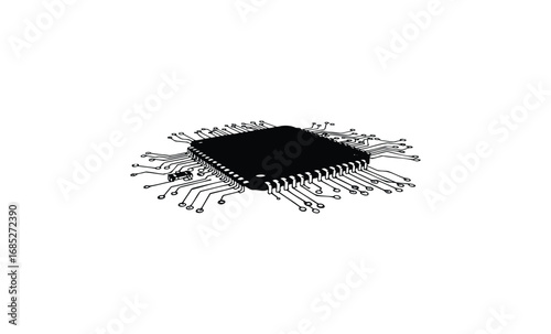 Black microchip with circuitry. Vector retro hand drawn illustration
