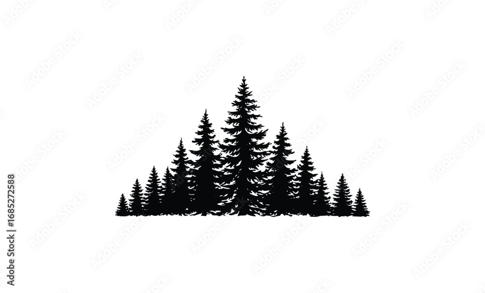 Fototapeta premium Black silhouette of fir trees in triangle formation. Vector retro hand drawn illustration