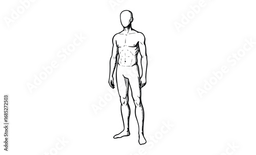 Monochrome minimalist sketch of a standing faceless male figure. Vector retro hand drawn illustration