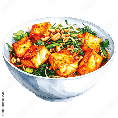 Watercolor Illustration of Cha Ca La Vong – Traditional Vietnamese Turmeric Fish with Dill