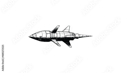 Vintage black and white rocket illustration with fins. Vector retro hand drawn illustration