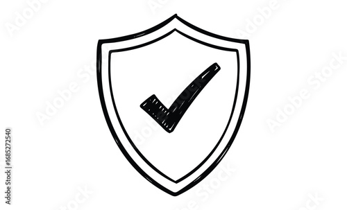 Hand-drawn shield with check mark icon for security and protection concept. Vector retro hand drawn illustration