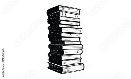 Towering stack of books illustration in black and white. Vector retro hand drawn illustration