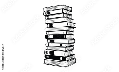 Tall stack of books drawn in black and white outline. Vector retro hand drawn illustration