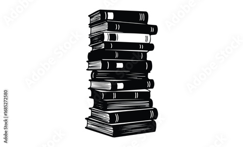 Tall stack of classic books in black and white illustration. Vector retro hand drawn illustration