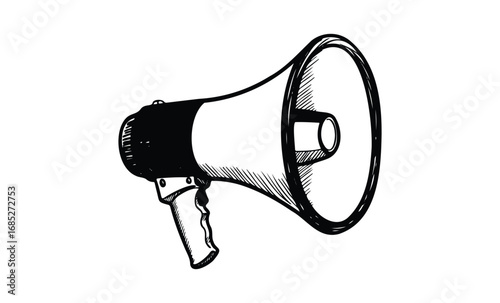 Black and white sketch of a megaphone for amplifying sound. Vector retro hand drawn illustration