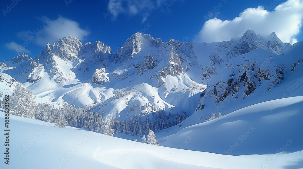 Fototapeta premium Snowy Mountain Peaks Under Bright Winter Sky