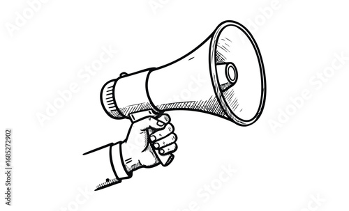 Hand holding a megaphone sketch illustration for amplification and communication themes. Vector retro hand drawn illustration
