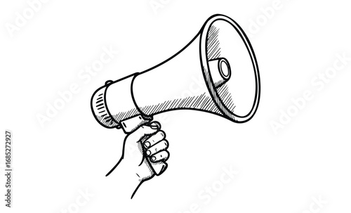Hand holding megaphone illustration. Vector retro hand drawn illustration
