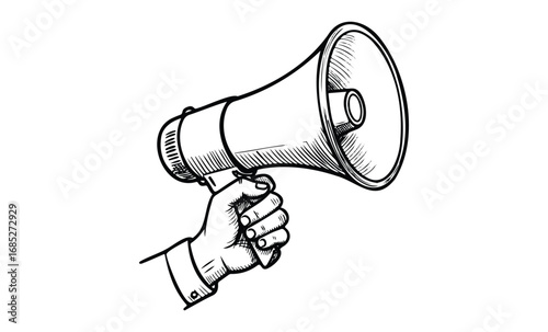 Hand holding vintage megaphone in sketch style. Vector retro hand drawn illustration