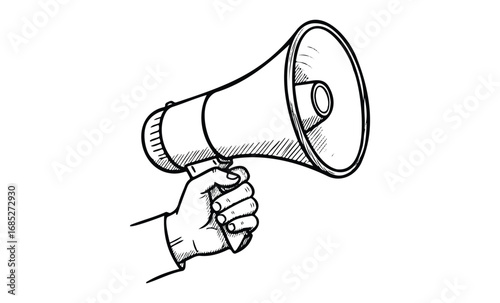 Hand with megaphone drawing. Vector retro hand drawn illustration
