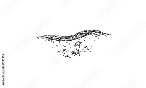 Black and white wave drawing with splashing water and bubbles. Vector retro hand drawn illustration