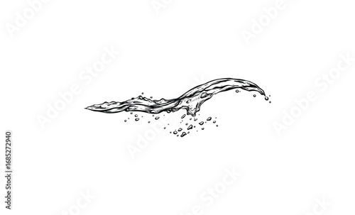 Dynamic black and white water splash illustration with detailed droplets. Vector retro hand drawn illustration