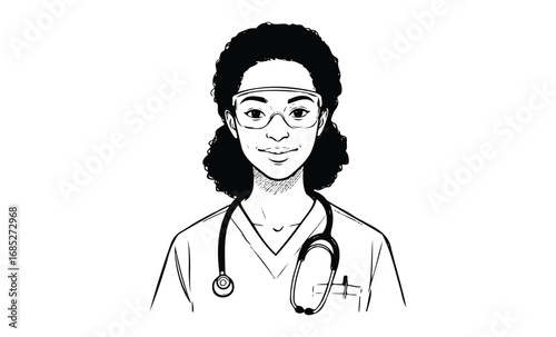 African female young doctor with glasses and stethoscope illustration. Vector retro hand drawn illustration