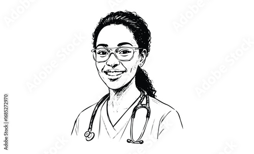 Smiling african female doctor with glasses and stethoscope in illustration style. Vector retro hand drawn illustration