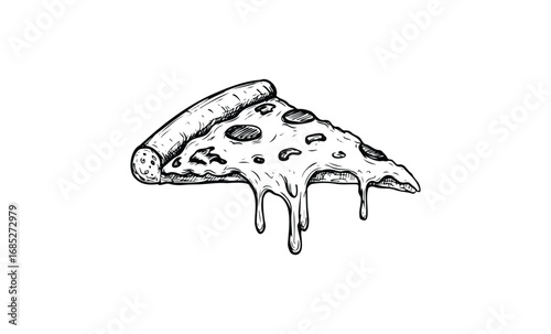 Hand-drawn cheese pizza slice with melting toppings and crust. Vector retro hand drawn illustration