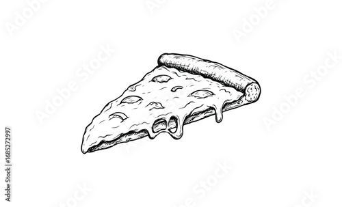 Hand-drawn slice of melty cheese pizza. Vector retro hand drawn illustration