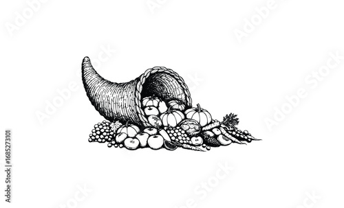 Cornucopia filled with fruits and vegetables in vintage style drawing. Vector retro hand drawn illustration