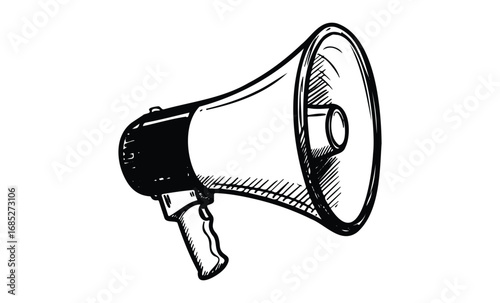 Vintage hand-drawn megaphone illustration in black and white. Vector retro hand drawn illustration